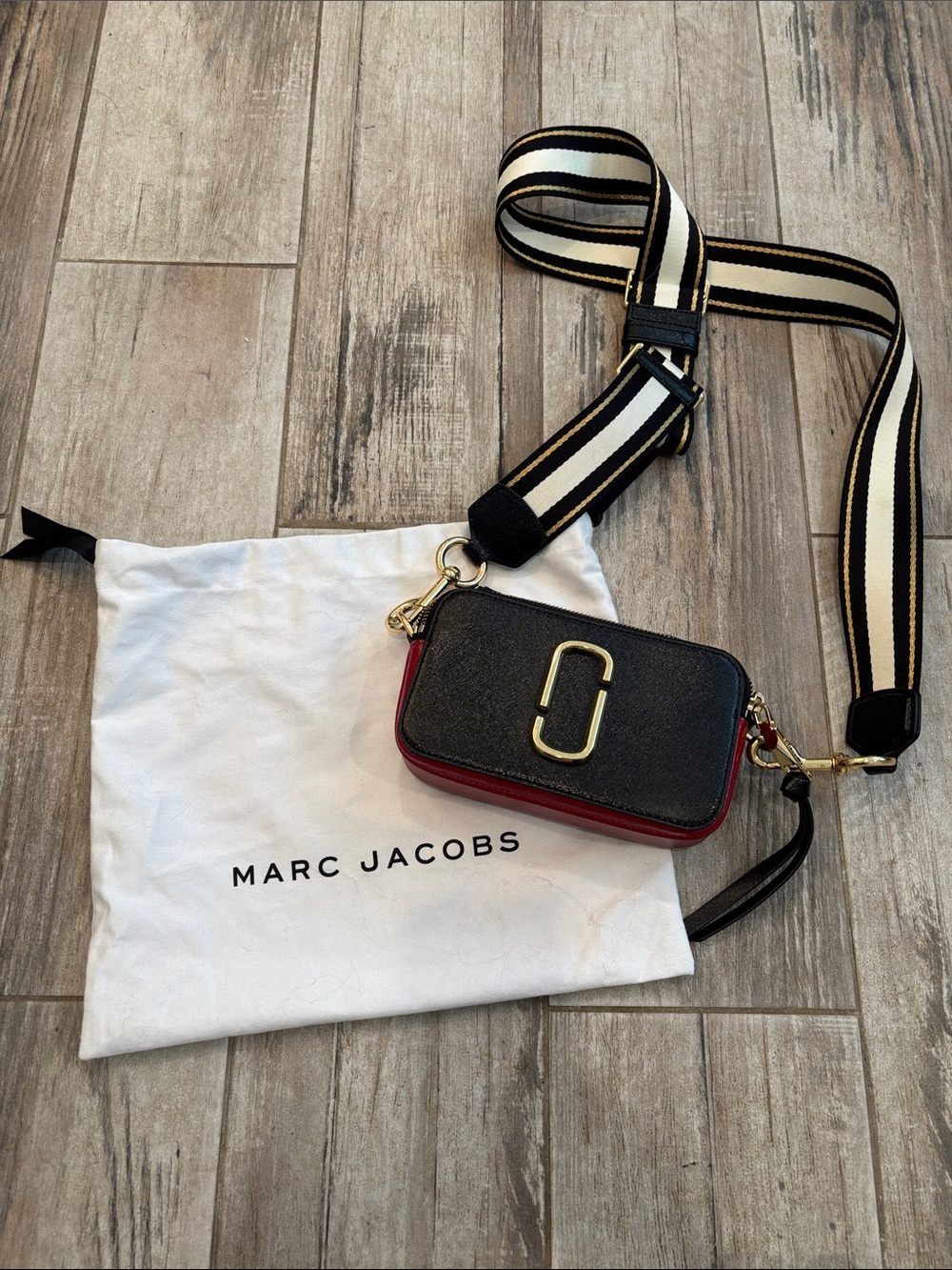 Marc Jacobs Black and Red Camera Bag with Striped Strap